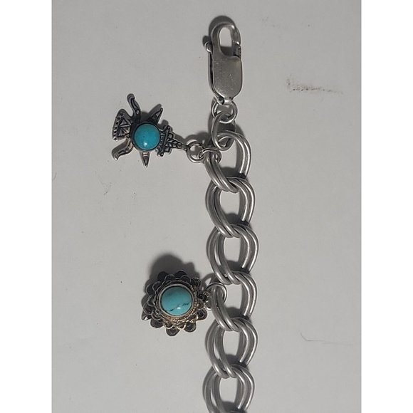 Southwest Native Turquoise Charm Bracelet Sterling Silver - Picture 4 of 11